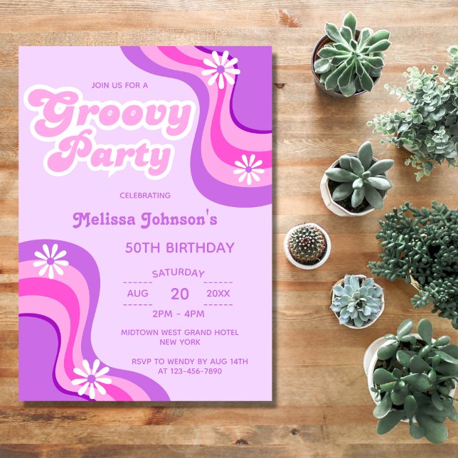70s Retro Groovy Party Daisies Purple Birthday Invitation (Creator Uploaded)