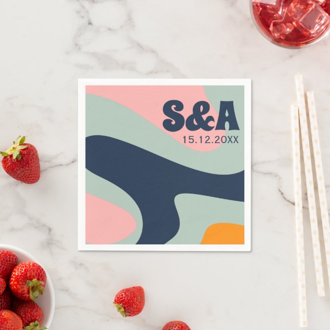 70s Retro Groovy Pastel Pink Blue Orange Wedding Napkins (Insitu)