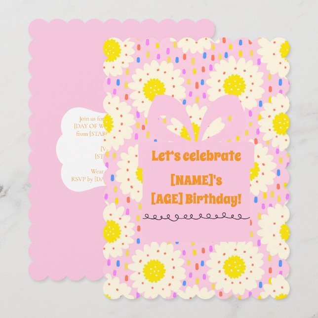 70s Retro Groovy Pink Daisy Floral Pattern Invitation (Front/Back)