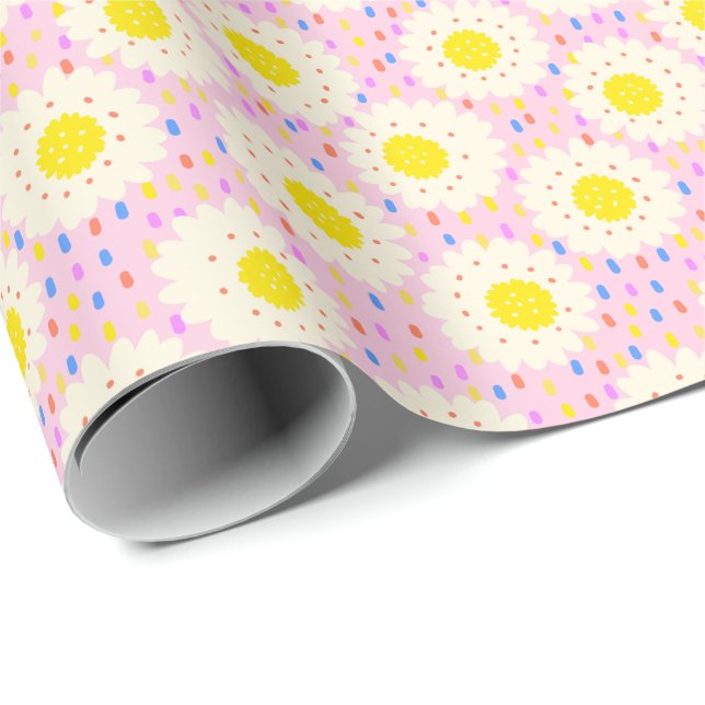 70s Retro Groovy Pink Daisy Floral Pattern Wrapping Paper (Roll Corner)