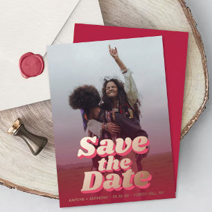 70's Retro Groovy Viva Magenta Photo Save The Date Foil Invitation