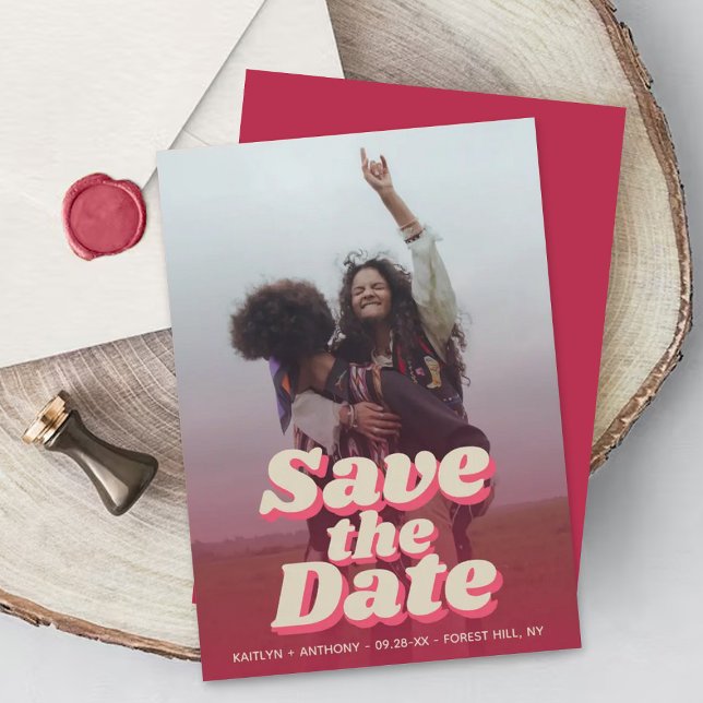 70's Retro Groovy Viva Magenta Photo Wedding Save The Date (Creator Uploaded)