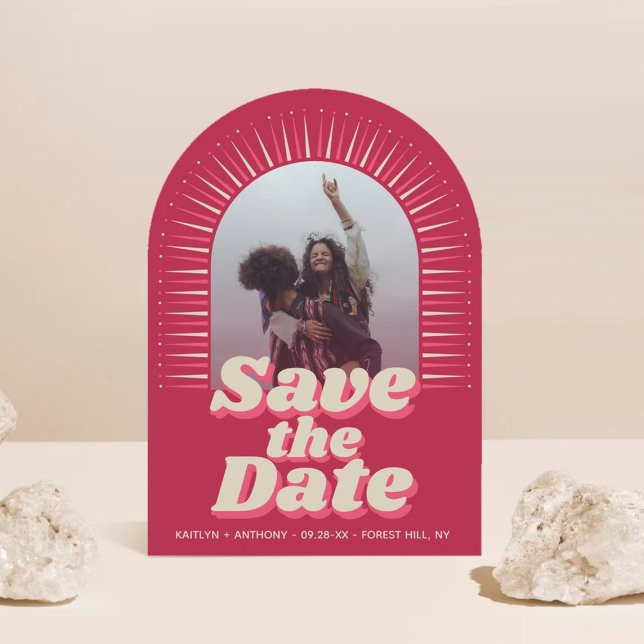 70's Retro Groovy Viva Magenta Photo Wedding Save The Date (Creator Uploaded)