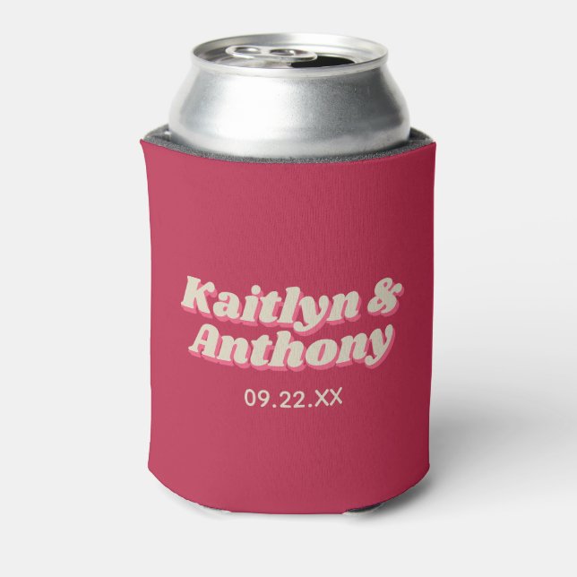 70's Retro Groovy Viva Magenta Wedding Can Cooler (Can Back)