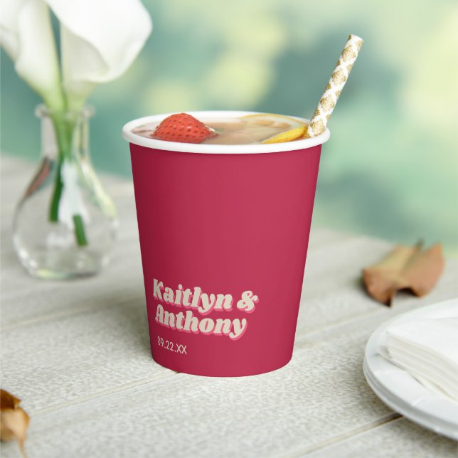 70's Retro Groovy Viva Magenta Wedding Paper Cups (Insitu)