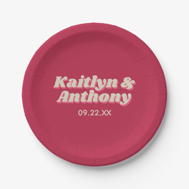 70's Retro Groovy Viva Magenta Wedding Paper Plates (Front)