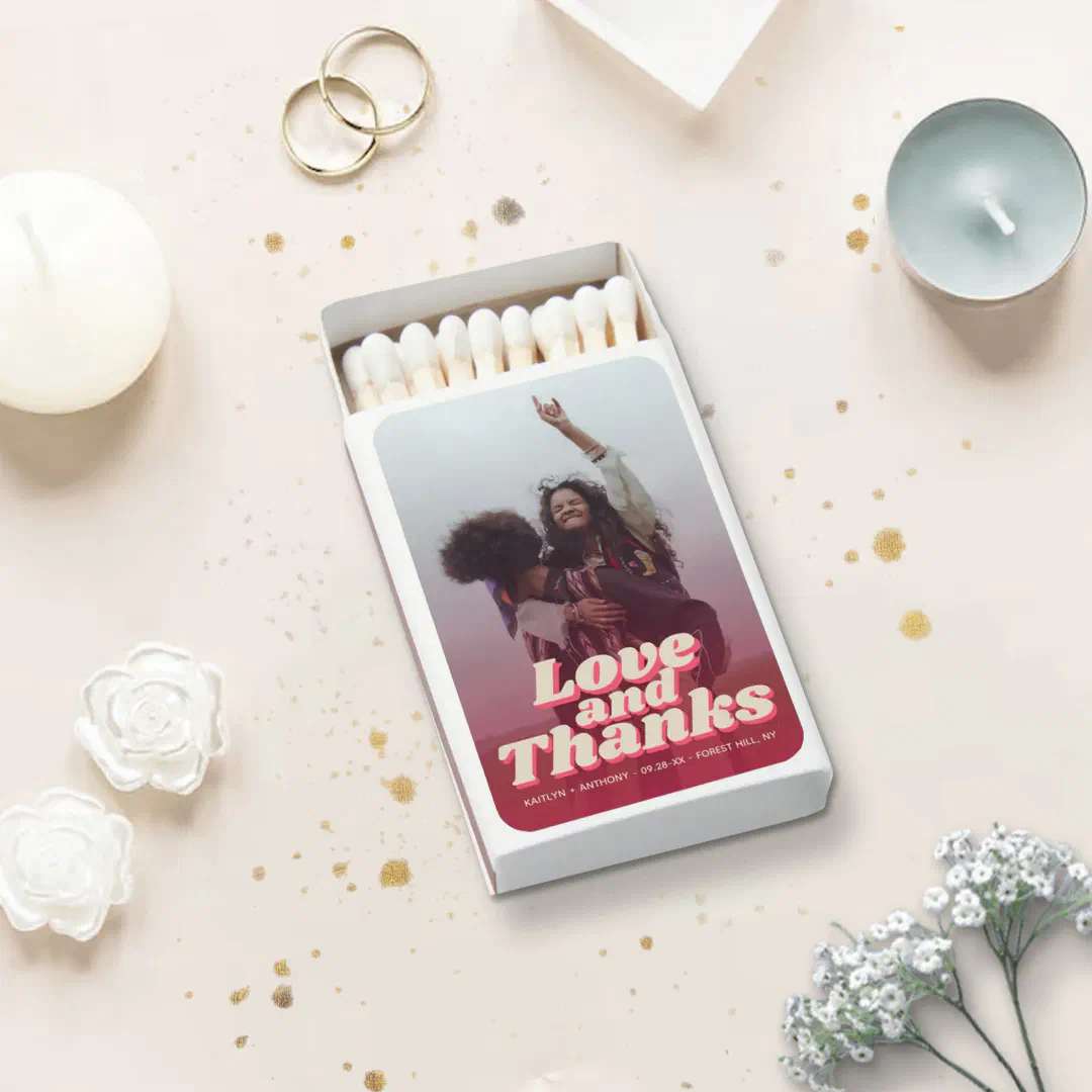 70's Retro Groovy Viva Magenta Wedding Photo Matchboxes
