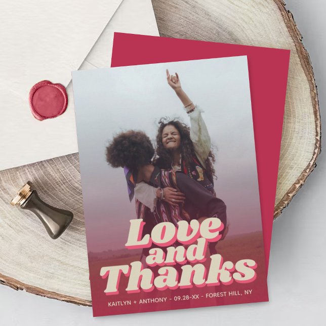 70's Retro Groovy Viva Magenta Wedding Photo Thank You Card (Creator Uploaded)