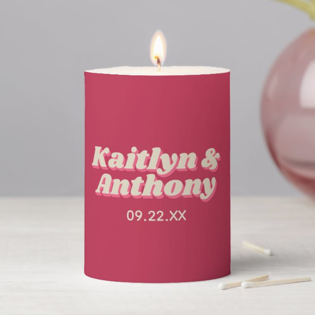 70's Retro Groovy Viva Magenta Wedding Pillar Candle (In Situ)