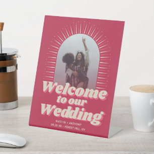 70's Retro Groovy Viva Magenta Wedding Welcome Pedestal Sign