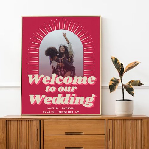 70s Retro Groovy Viva Magenta Wedding Welcome Poster