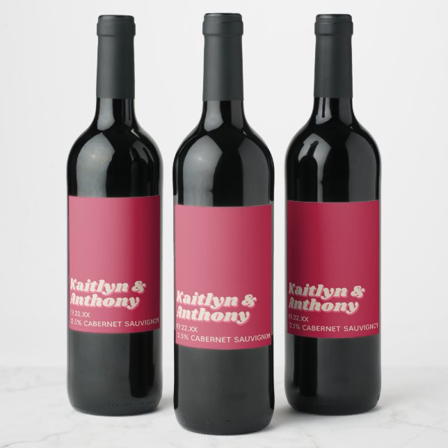 70's Retro Groovy Viva Magenta Wedding Wine Label (Bottles)