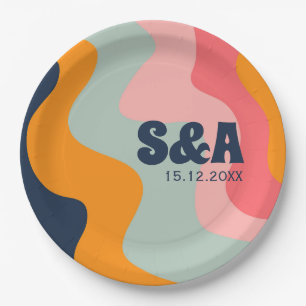 70s Retro Groovy Wavy Pastel Pink Blue Wedding Paper Plates
