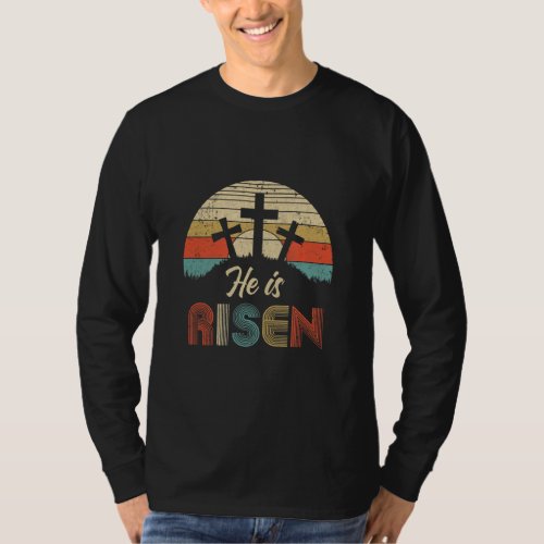 70s Retro He Is Risen Jesus Christian Cross Religi T_Shirt