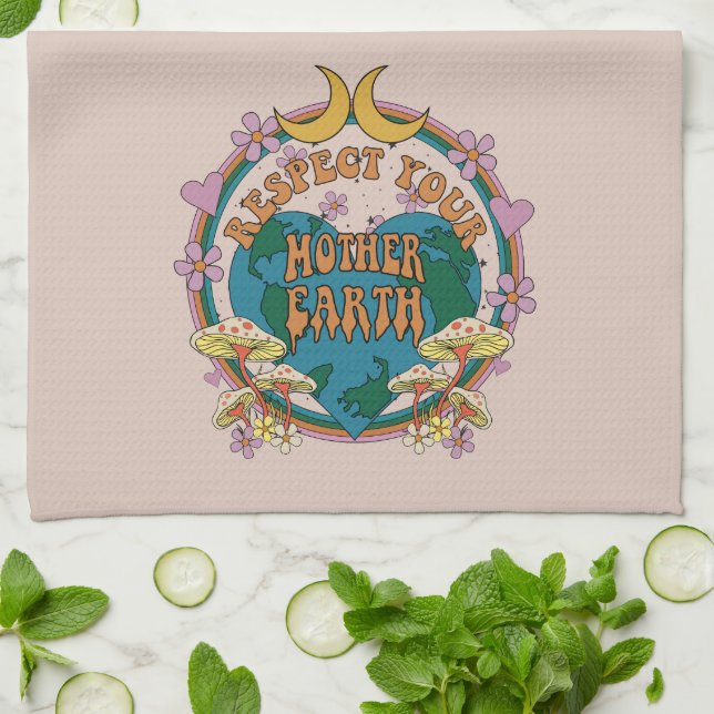 70's Retro Mother Earth Graphic Kitchen Towel (Folded)