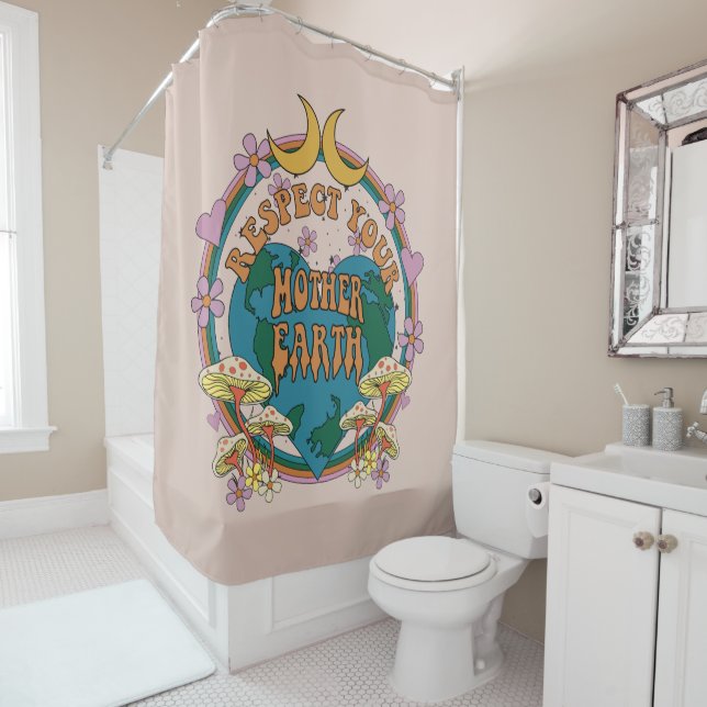 70's Retro Mother Earth Graphic Shower Curtain (In Situ)