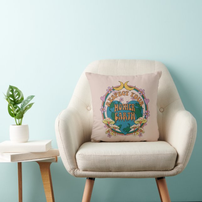 70's Retro Mother Earth Graphic Throw Pillow (Chair)