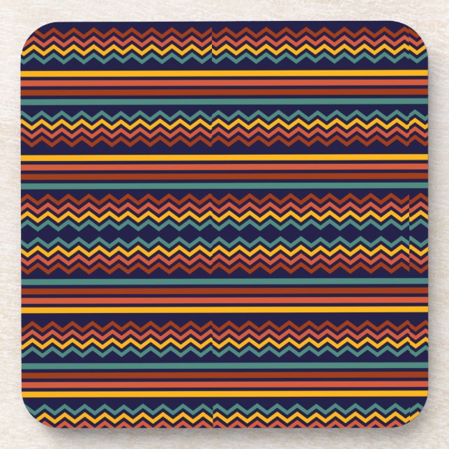 70s Retro Navy & Mustard Boho Chevron Stripes Beverage Coaster (Front)