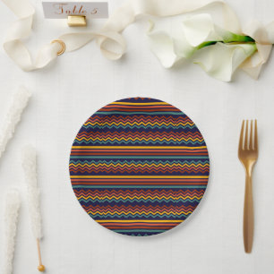 70s Retro Navy & Mustard Boho Chevron Stripes Paper Plates