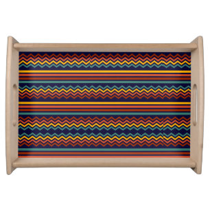 70s Retro Navy & Mustard Boho Chevron Stripes Serving Tray