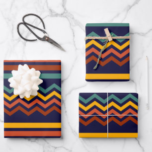 70s Retro Navy & Mustard Boho Chevron Stripes Wrapping Paper Sheets