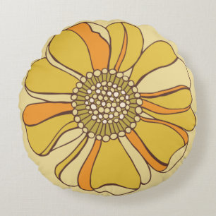 70s Retro Orange & Gold Flower Round Pillow