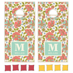 70s Retro Pink & Aqua Floral Cornhole Set
