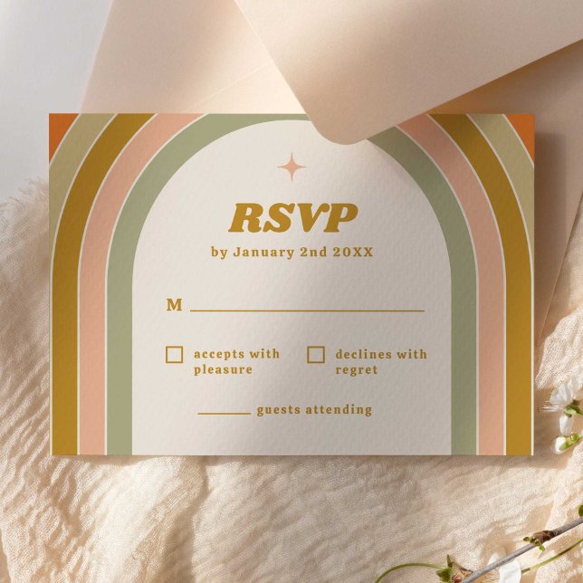70s Retro Rainbow Groovy Wedding RSVP (70s retro rainbow groovy RSVP card template)