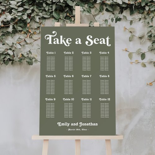 70s Retro Sage Green Wedding Seating Chart Foam Board