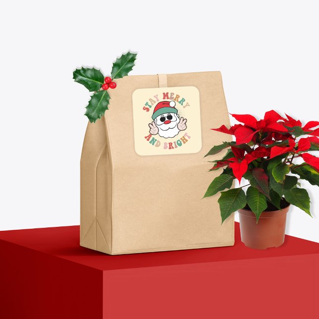 70's Retro Santa Claus Stay Merry and Bright Square Sticker (Creator Uploaded)