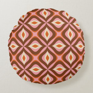 70s Retro Seamless Pattern in Orange, Brown, Pin Round Pillow