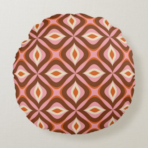 70s Retro Seamless Pattern in Orange  Brown  Pin Round Pillow
