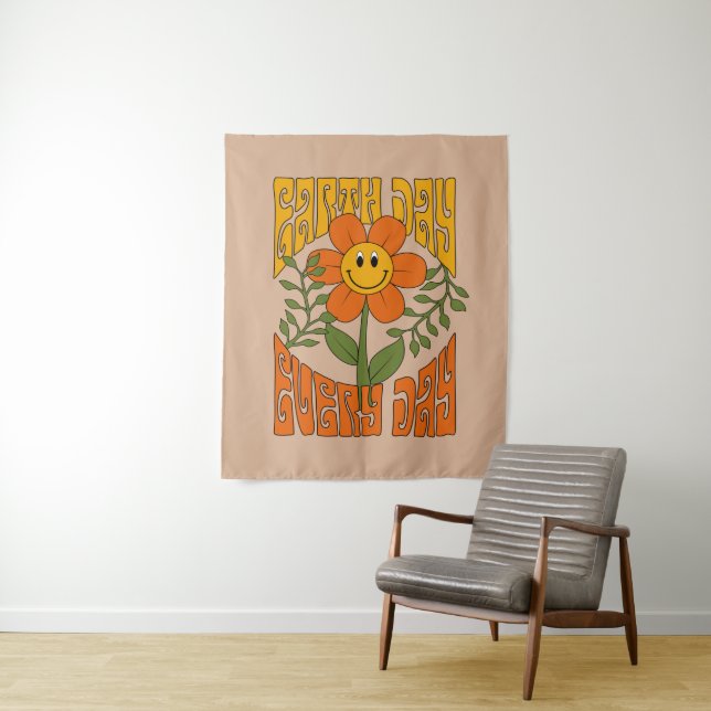 70's Retro Smiling Daisy Flower Tapestry (In Situ)