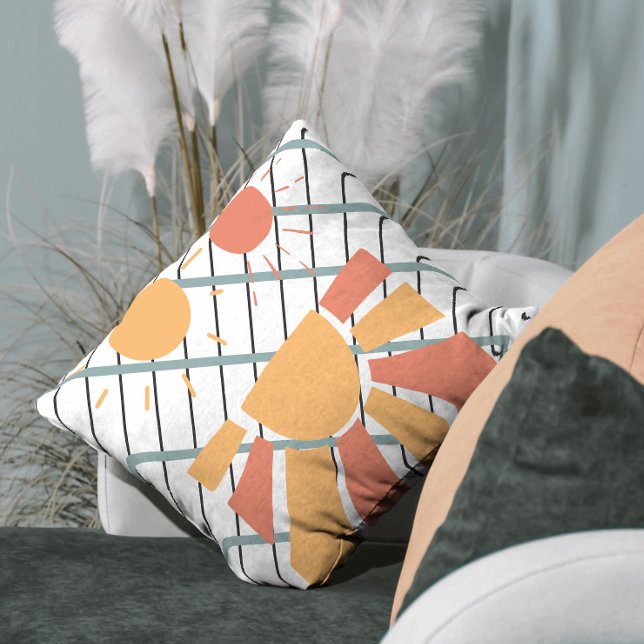 70s retro Sunset Red & orange black & white stripe Throw Pillow (Creator Uploaded)