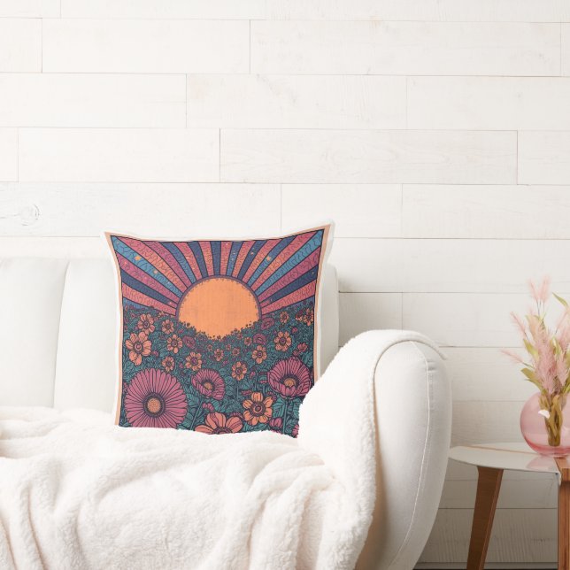 70s Retro Sunshine Flower Field Design  Throw Pillow (Couch)