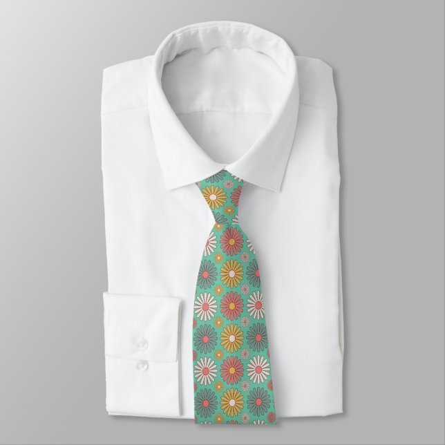 70s Retro Vintage Flowers on Teal  Neck Tie (Tied)