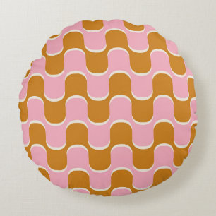 70s retro vintage wavy pattern in gold and pinkwav round pillow