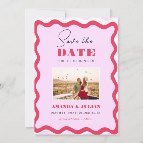 70s Retro Wavy Frame Pink and Red Photo Seventies Save The Date