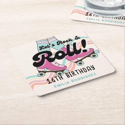70s Rock and ROLL Roller Skating Party Favors Square Paper Coaster