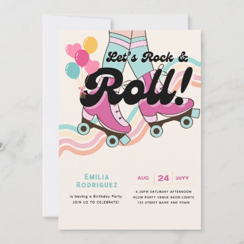 70s Rock and ROLL Roller Skating Party Retro Girls Invitation