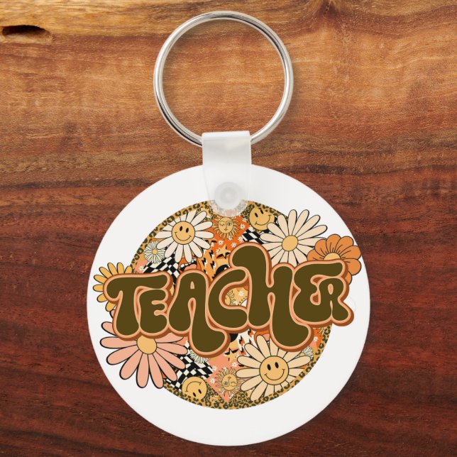 70s Style Floral "Teacher" Appreciation Keychain (Back)