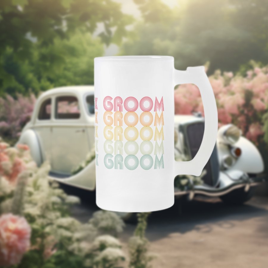 70s Style Layered Text Year to Remember The Groom Frosted Glass Beer Mug