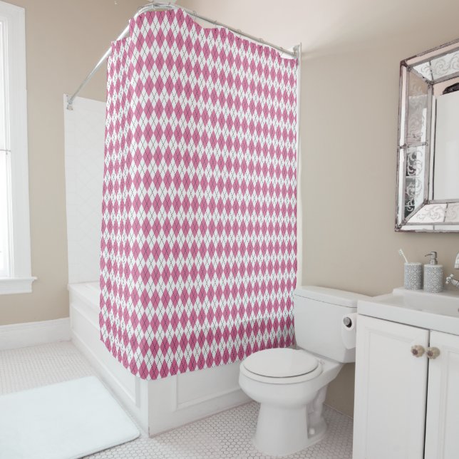 70s Tartan-Pattern Pinky Shower Curtain (In Situ)