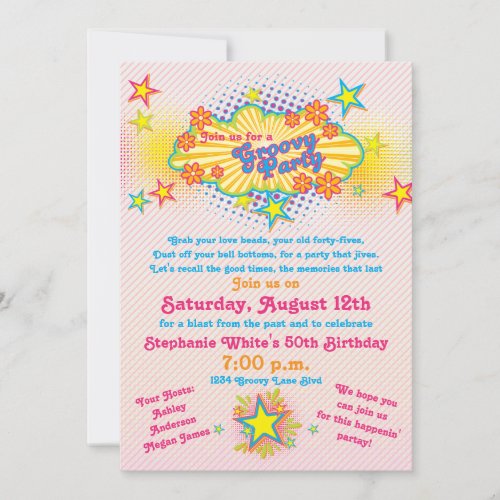 70s Theme Groovy Flower Power 50th Birthday Party Custom Invite