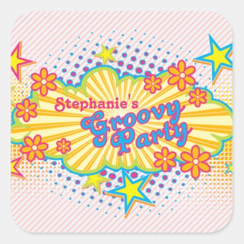 70s Theme Groovy Flower Power Personalized Party Square Sticker