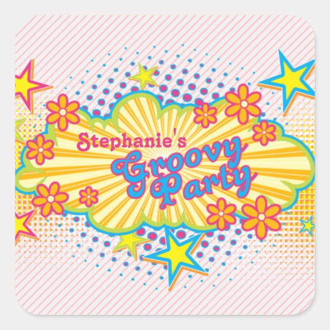 70s Theme Groovy Flower Power Personalized Party Square Sticker (Front)