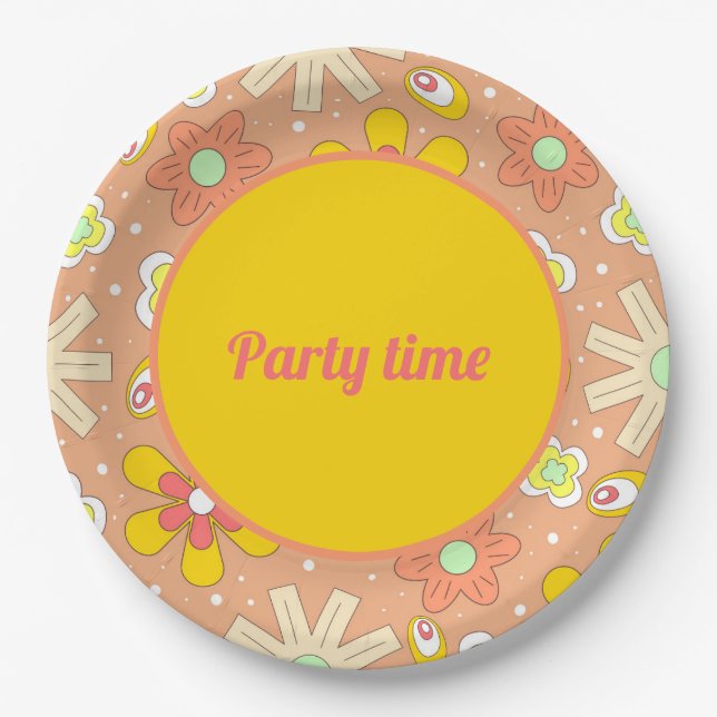 70's Vibes Peach Color Summer Pattern Paper Plates (Front)