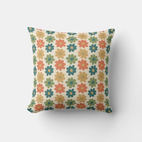 70s Vintage Flowers with Orange and Green Colors Throw Pillow