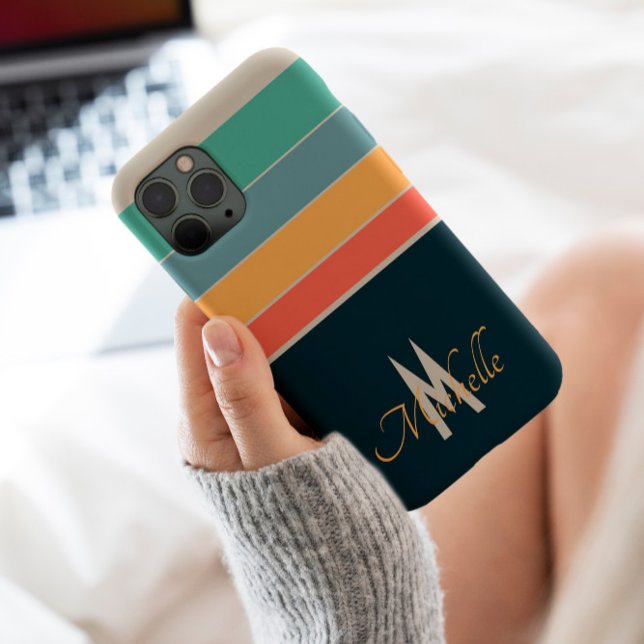 70s Vintage Stripes Navy Blue & pink Monogrammed Case-Mate iPhone Case (Creator Uploaded)
