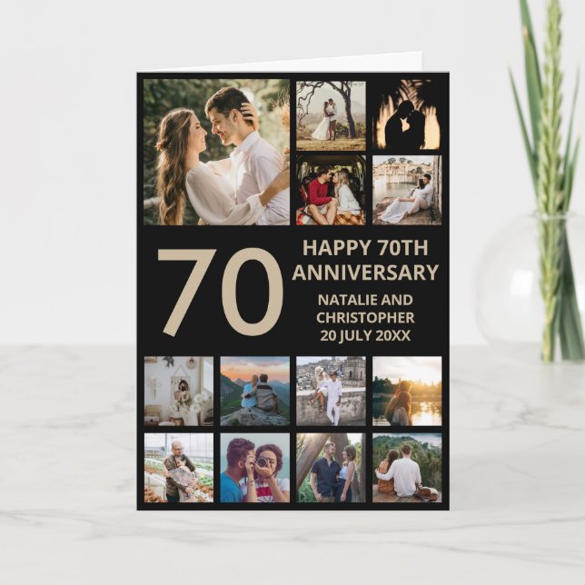 70th Anniversary 13 Photo Collage Black and Gold Card (Front)